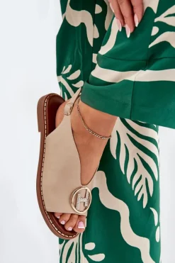 Płaskie Eleganckie Sandały Z Ozdobą Beżowe Iseliria