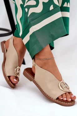 Płaskie Eleganckie Sandały Z Ozdobą Beżowe Iseliria