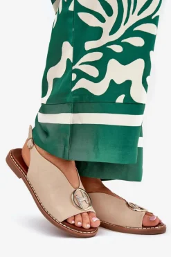 Płaskie Eleganckie Sandały Z Ozdobą Beżowe Iseliria