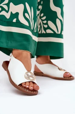 Płaskie Eleganckie Sandały Z Ozdobą Białe Iseliria