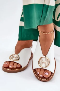 Płaskie Eleganckie Sandały Z Ozdobą Białe Iseliria