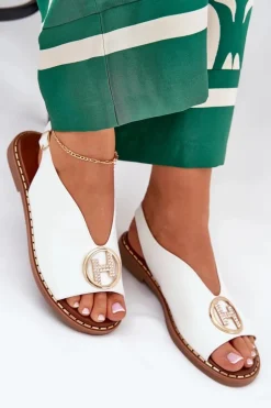 Płaskie Eleganckie Sandały Z Ozdobą Białe Iseliria