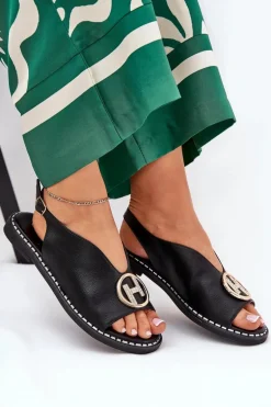 Płaskie Eleganckie Sandały Z Ozdobą Czarne Iseliria