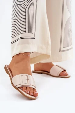 Płaskie Klapki Damskie Eko Skórzane Z Klamrą Beżowe Bamma