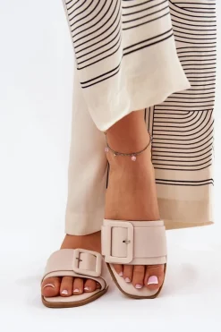 Płaskie Klapki Damskie Eko Skórzane Z Klamrą Beżowe Bamma