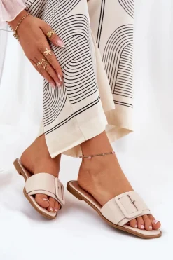 Płaskie Klapki Damskie Eko Skórzane Z Klamrą Beżowe Bamma