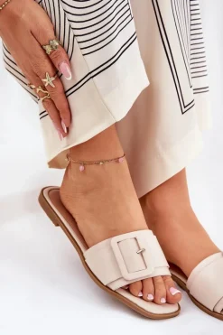 Płaskie Klapki Damskie Eko Skórzane Z Klamrą Beżowe Bamma