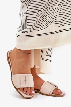 Płaskie Klapki Damskie Eko Skórzane Z Klamrą Beżowe Bamma