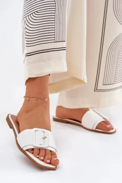 Płaskie Klapki Damskie Eko Skórzane Z Klamrą Białe Bamma