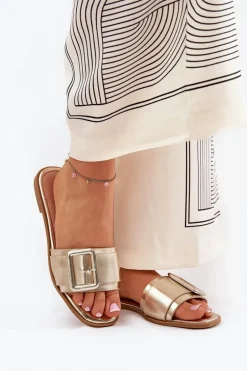 Płaskie Klapki Damskie Eko Skórzane Z Klamrą Złote Bamma