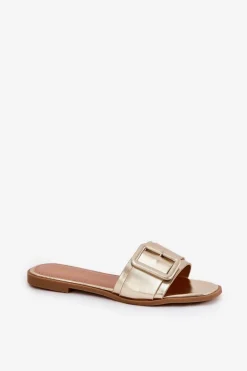 Płaskie Klapki Damskie Eko Skórzane Z Klamrą Złote Bamma