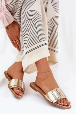 Płaskie Klapki Damskie Eko Skórzane Z Klamrą Złote Bamma