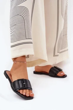 Płaskie Klapki Damskie Eko Skórzane Z Klamrą Czarne Bamma