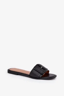 Płaskie Klapki Damskie Eko Skórzane Z Klamrą Czarne Bamma