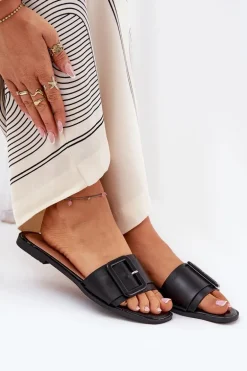 Płaskie Klapki Damskie Eko Skórzane Z Klamrą Czarne Bamma