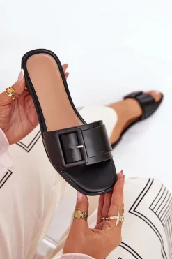 Płaskie Klapki Damskie Eko Skórzane Z Klamrą Czarne Bamma