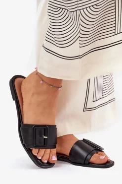 Płaskie Klapki Damskie Eko Skórzane Z Klamrą Czarne Bamma