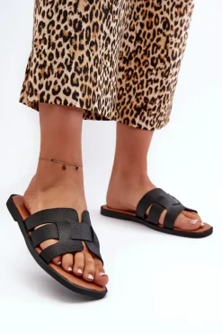 Płaskie Klapki Damskie Z Eko Skóry Czarne Risamay