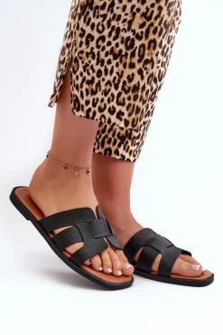 Płaskie Klapki Damskie Z Eko Skóry Czarne Risamay