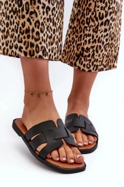 Płaskie Klapki Damskie Z Eko Skóry Czarne Risamay