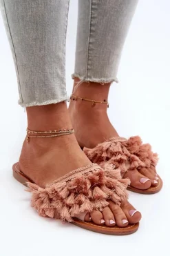 Płaskie Klapki Damskie Z Frędzlami Brudny Róż Rialle