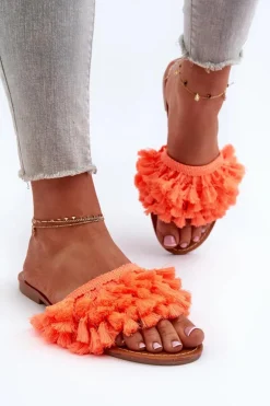 Płaskie Klapki Damskie Z Frędzlami Pomarańczowe Rialle