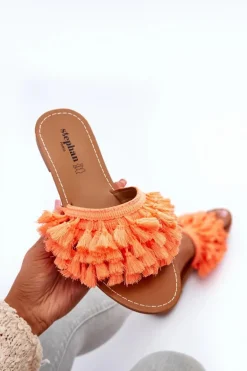 Płaskie Klapki Damskie Z Frędzlami Pomarańczowe Rialle