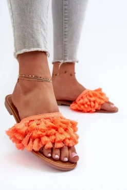Płaskie Klapki Damskie Z Frędzlami Pomarańczowe Rialle