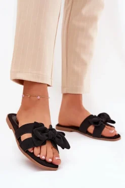 Płaskie Klapki Damskie Z Kokardką Czarne Tobin