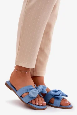 Płaskie Klapki Damskie Z Kokardką Niebieskie Tobin