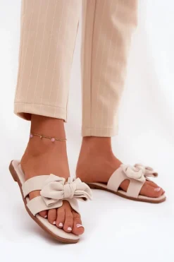 Płaskie Klapki Damskie Z Kokardką Beżowe Tobin