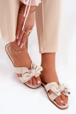 Płaskie Klapki Damskie Z Kokardką Beżowe Tobin