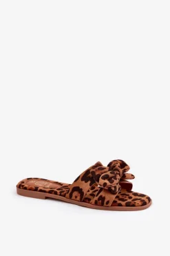 Płaskie Klapki Damskie Z Kokardką Panterka Brązowe Tobin