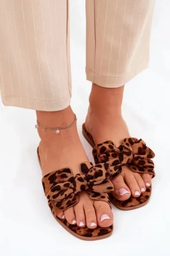 Płaskie Klapki Damskie Z Kokardką Panterka Brązowe Tobin