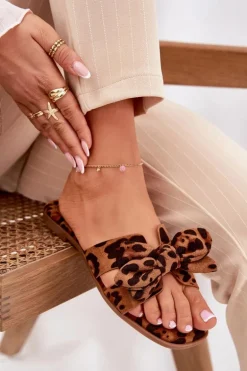 Płaskie Klapki Damskie Z Kokardką Panterka Brązowe Tobin