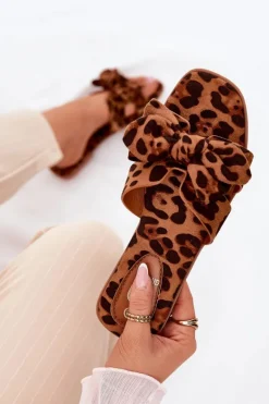 Płaskie Klapki Damskie Z Kokardką Panterka Brązowe Tobin