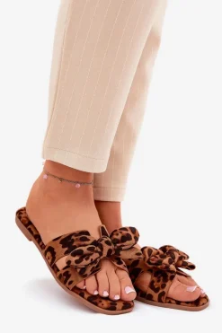 Płaskie Klapki Damskie Z Kokardką Panterka Brązowe Tobin