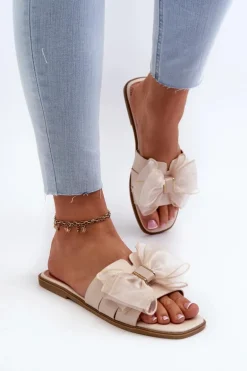 Płaskie Klapki Damskie Z Kokardą Beżowe Balinda
