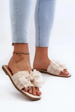 Płaskie Klapki Damskie Z Kokardą Beżowe Balinda