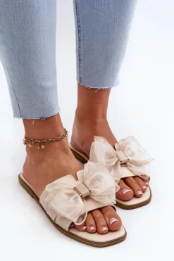 Płaskie Klapki Damskie Z Kokardą Beżowe Balinda