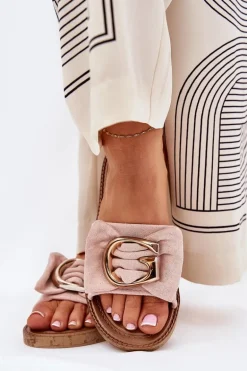 Płaskie Klapki Damskie Z Ozdobnym Detalem Różowe Nellodra