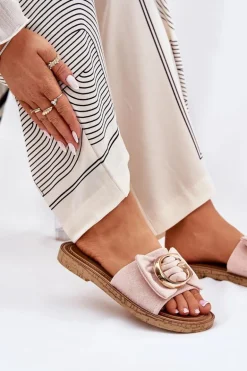 Płaskie Klapki Damskie Z Ozdobnym Detalem Różowe Nellodra