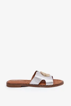 Płaskie Klapki Damskie Z Ozdobnym Detalem Srebrne Oferry