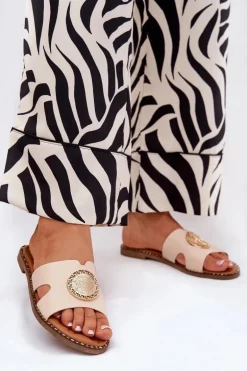 Płaskie Klapki Damskie Z Ozdobnym Detalem Beżowe Oferry