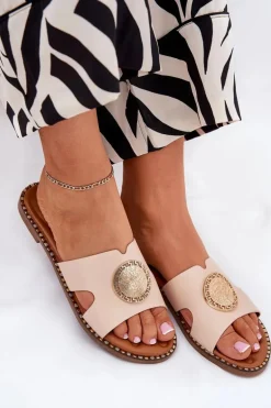 Płaskie Klapki Damskie Z Ozdobnym Detalem Beżowe Oferry