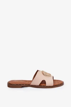 Płaskie Klapki Damskie Z Ozdobnym Detalem Beżowe Oferry