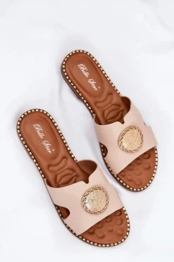 Płaskie Klapki Damskie Z Ozdobnym Detalem Beżowe Oferry