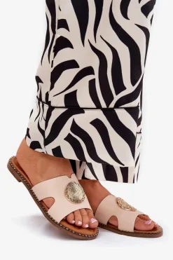 Płaskie Klapki Damskie Z Ozdobnym Detalem Beżowe Oferry