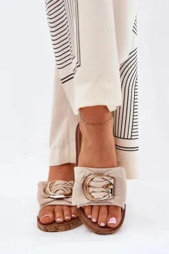 Płaskie Klapki Damskie Z Ozdobnym Detalem Beżowe Nellodra