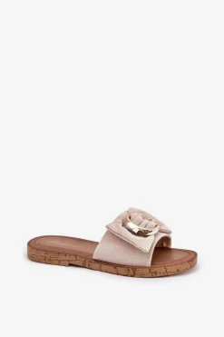 Płaskie Klapki Damskie Z Ozdobnym Detalem Beżowe Nellodra